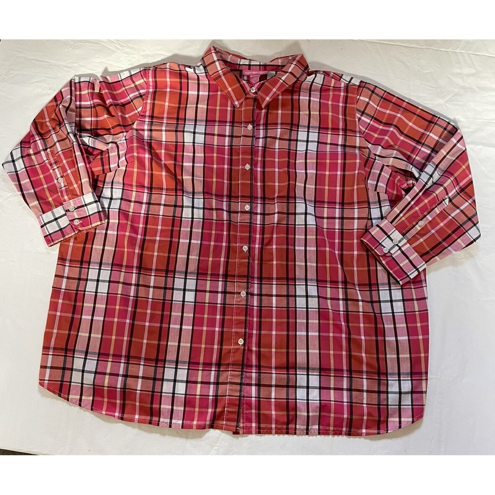 Woman Within Womens 3X XXXL Shirt Red‎ Plaid Button Up Long Sleeve Plus Size